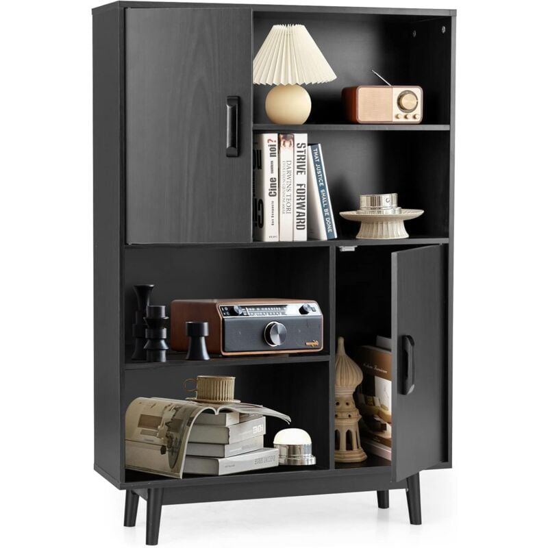 Goplus - Bibliotheque Meuble de Rangement a 4 Niveaux avec 4 Etageres Ouvertes et 2 Cabinets de Porte, Meuble de Rangement pour Salon, Cuisine Etude,