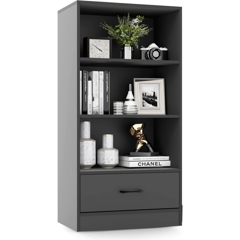 Goplus - Bibliothèque sur Pied à 4 Niveaux 60x38x120CM avec 3 Compartiments Ouverts,1 Tiroir,avec Dispositif Anti-basculement,Gris