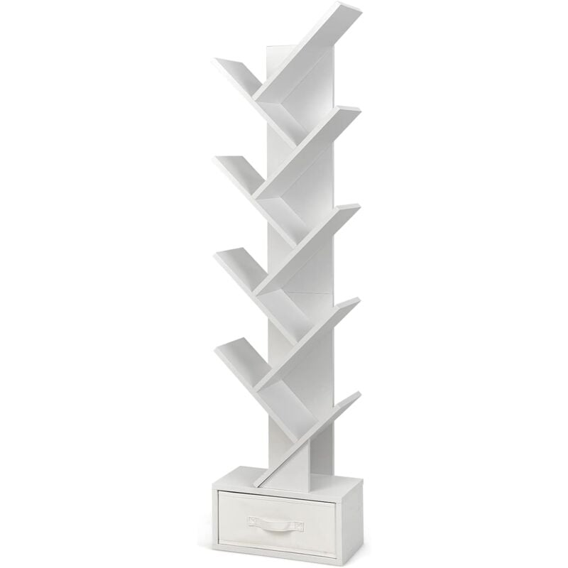 Goplus - Bibliothèque étagères 10 Niveaux avec Armoire en Bois, Anti-Basculement, Tiroir Amovible, Meuble de Rangement en Bois pour Salon, Bureau,