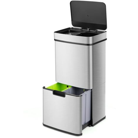 GOPLUS Bidone per la Spazzatura da 72 L per Cucina, Bidone in Acciaio Inossidabile Antimpronta, con Bidoni per Riciclaggio, Coperchio a Chiusura Morbida, Bidone Intelligente con Sensore di Movimento