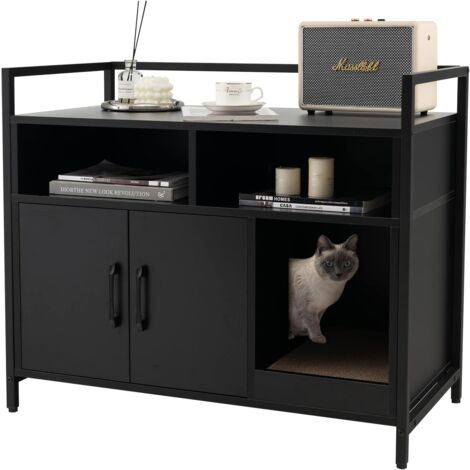 GOPLUS Boîte à Litière pour Chat, Meubles pour Chat Cadre en Métal Robuste, Planche à Gratter, étagère de Rangement, Caisse en Bois pour Animaux de Compagnie, Table d’Appoint pour Chaton Chat (Noir)