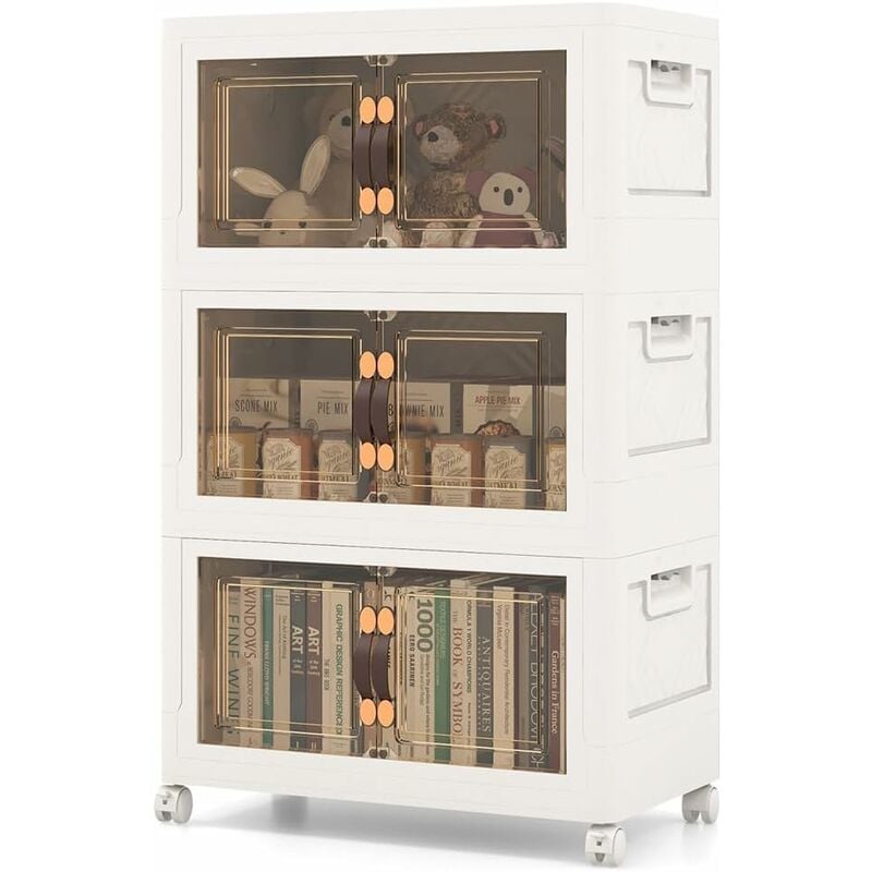 GOPLUS Boîte de Rangement Empilable-3 Bacs de Armoire avec Roues Verrouillables-Commode Pliable en PP avec Portes-44,5x30x77,5cm