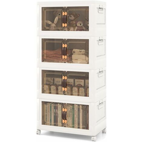 GOPLUS  Boîte de Rangement Empilable-4 Bacs de Armoire avec Roues  Verrouillables-Commode Pliable en PP avec Portes-49,5x31,5x113cm