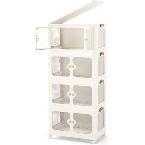 GOPLUS Boîte de Rangement Empliable, Capacité 212L, Portes Transparentes & 4 Roulettes Universelles, Armoire Pliable en PP avec Convercle pour Salon, Chambre (4 Boîtes)