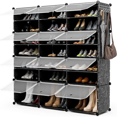 GOPLUS Boîtes à Chaussures 12 Cubes pour 48 Paires de Chaussures avec Porte, Assemblage Facile, Boîtes Rangement pour chaussuress, avec Marteau, Rangée de Crochets Latéraux pour Couloir, Entrée