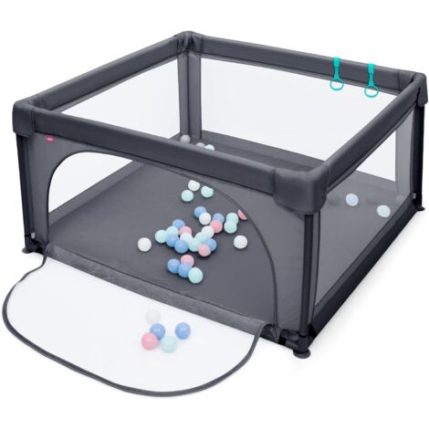 GOPLUS Box per Bambini 120 x 120 x 68 cm, Recinto in Rete con 50 Palline e 2 Anelli per Imparare a Camminare, Ventose Antiscivole, Centro Attività (Grigio Scuro)