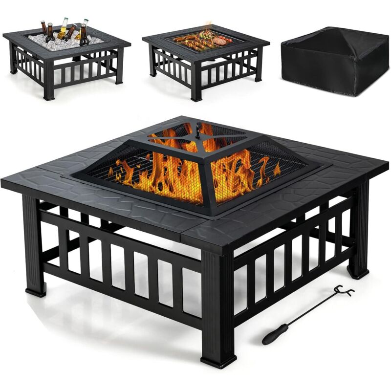 GOPLUS Brasero de Jardin Carré en Fer,Table de Foyer Maille et Couvercle Pare-étincelles avec Tisonnier Long,Grand Bac de Rangement pour Chauffage et