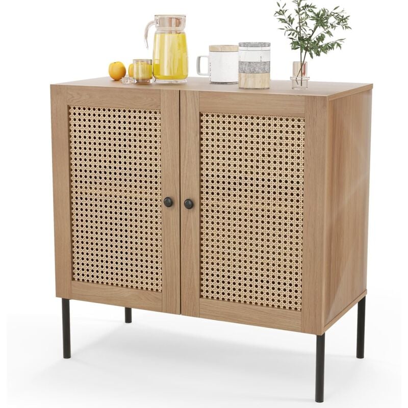 Buffet à 2 Portes en rotin Artificiel, Commode de Cuisine avec Etagère Réglable, Meuble de Rangement avec Pieds en Métal Beige - Goplus