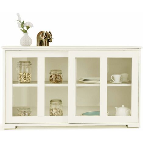 Goplus – Buffet bas en MDF beige avec porte coulissante – Dimensions 106,5 x 33 x 62,5 cm – 2 étagères et tablette réglable pour rangement cuisine