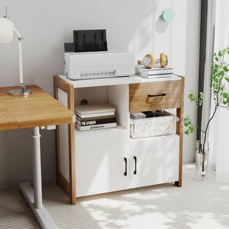 GOPLUS Buffet Cuisine, 82 x 40 x 81 CM, Meuble de Rangement avec Tiroir, Plateau Grand, Placard avec Porte, 2 Compartiment Ouvert, Trou pour Câble, Antibasculement, Peu Encombrant pour Cuisine, Blanc