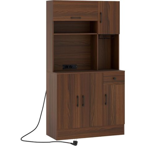 Goplus – Buffet cuisine avec station de charge – Meuble rangement haut 90x39x167cm – Tiroir, porte-verres à vin, étagères réglables – Bois reconstitué, métal