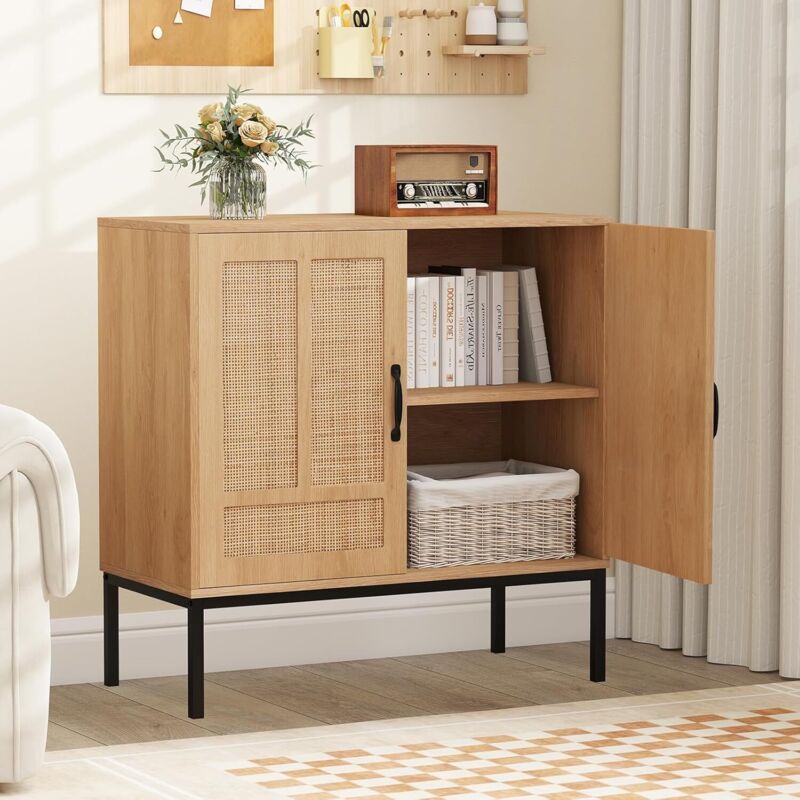 GOPLUS Buffet Cuisine Rotin Cannage, 80 x 38 x 81 CM, Buffet Bas Boheme avec 2 Portes, Étagère Réglable en 3 Positions, Pieds en Métal, Kits