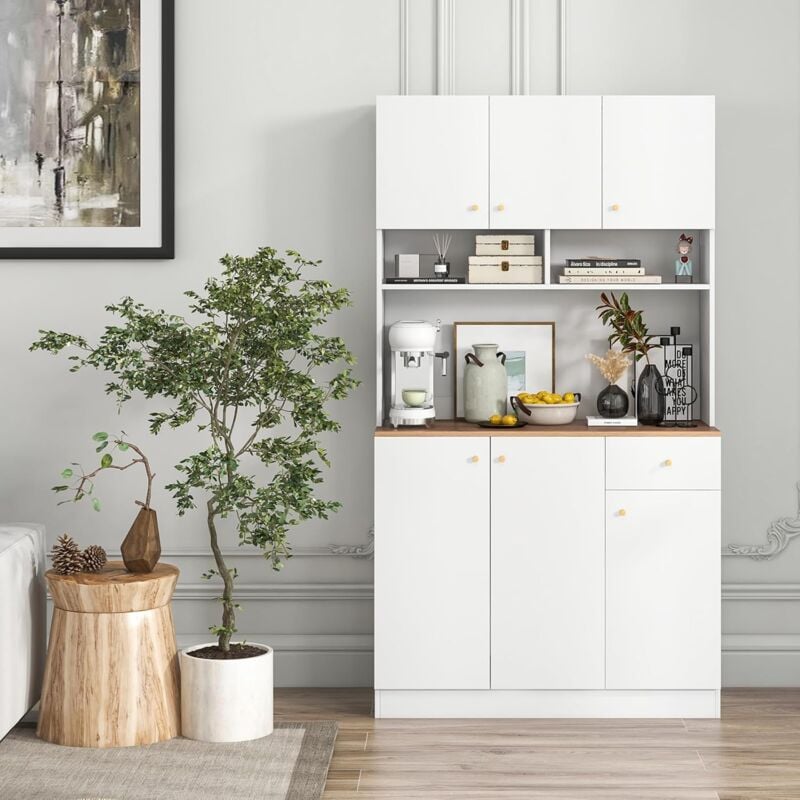 Buffet de Cuisine 181cm, Armoire de Rangement avec 6 Portes, Tiroir Coulissant, 3 Niveaux Étagères Réglables, Prises de Courant, Ports usb, Kits