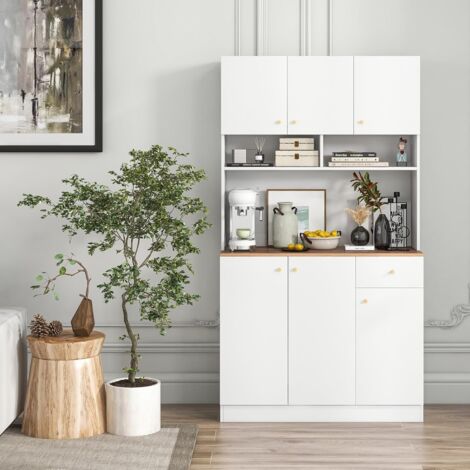 Goplus – Buffet de cuisine 181cm – Armoire de rangement avec 6 portes – Tiroir coulissant – 3 niveaux étagères réglables – Prises USB et Type C – Blanc