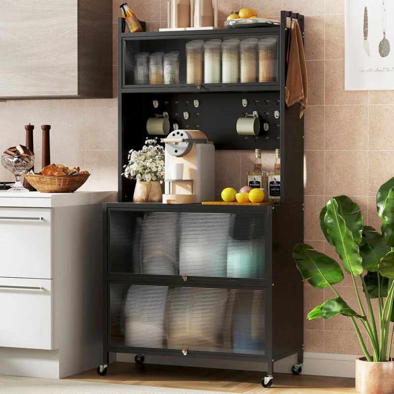 Buffet de Cuisine 80x40x160CM avec Rangement sur 5 Niveaux-Portes Battantes-Crochets Supérieurs-Panneau Perforé,Noir - Goplus