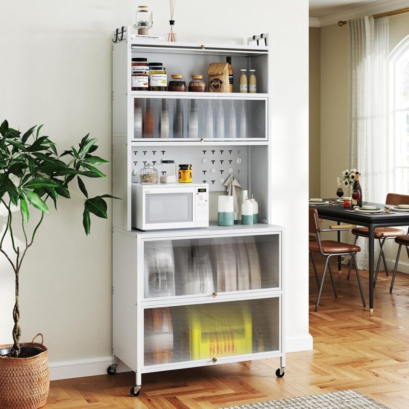 GOPLUS Buffet de Cuisine à 6 Niveaux Roulant 80x40x178CM avec Portes Abattantes-Large Plan-Panneau Perforé et Crochets-Blanc