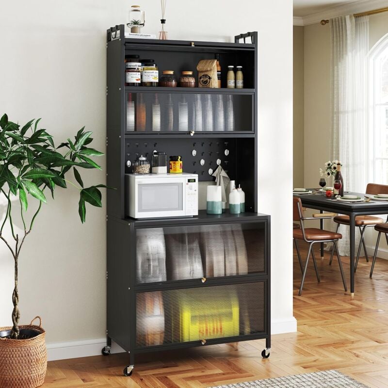 Buffet de Cuisine à 6 Niveaux Roulant 80x40x178CM avec Portes Abattantes-Large Plan-Panneau Perforé et Crochets-Noir - Goplus