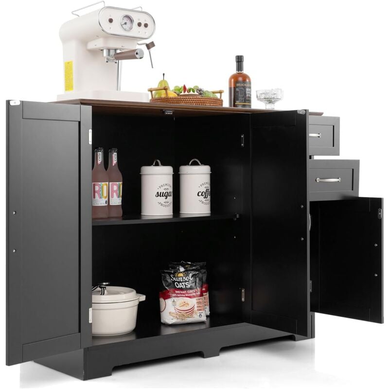 Goplus - Buffet de Cuisine, Armoire de Rangement avec 2 Placards à Portes,2 Tiroirs,étagère Réglable,Noir