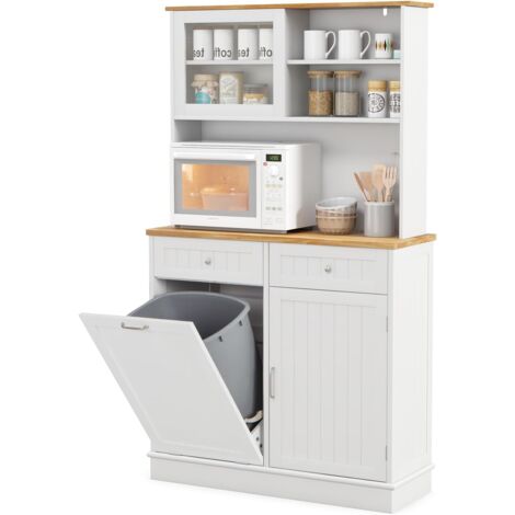 Goplus – Buffet de cuisine avec armoire à poubelle 38L – 3 étagères réglables – 1 porte vitrée – 2 tiroirs – MDF et bois de caoutchouc – 100x34x172cm