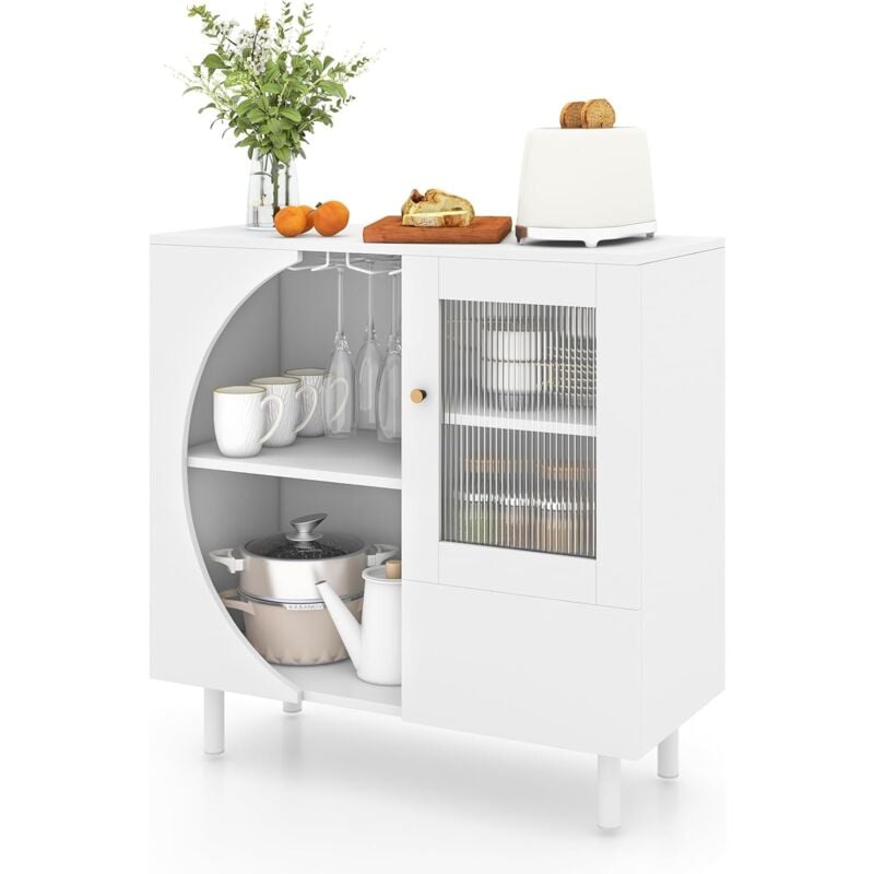 Buffet de Cuisine avec 3 Portes Ouvrables 80x30x80cm-2 Rangées Support de Verre-Etagères Ouvertes-Pieds en Métal Blanc - Goplus