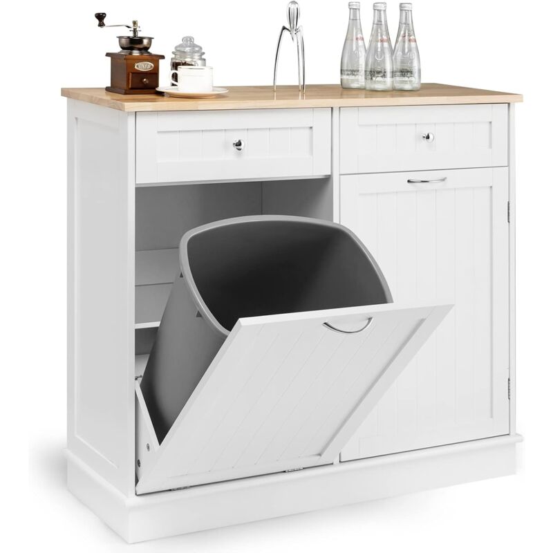 Goplus - Buffet de Cuisine 100x35x90,5CM-Îlot de Cuisine avec 2 Tiroirs,1 Armoire à Poubelle,1 Armoire à 2 Étages Réglable-Plateau en