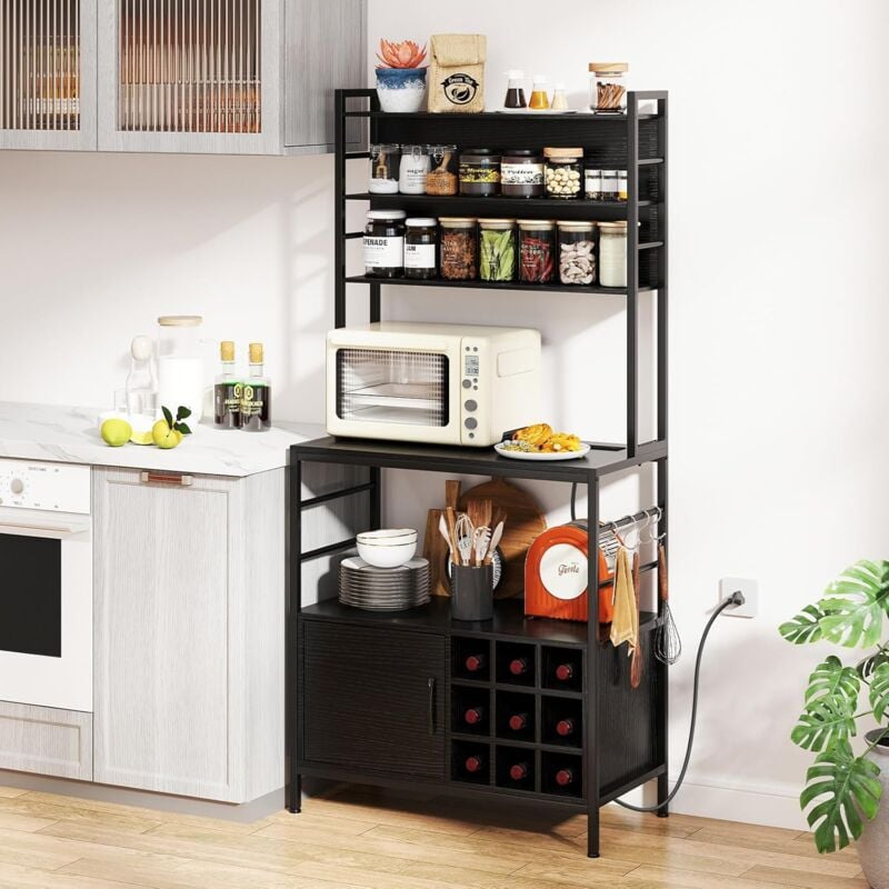Goplus - Buffet de Cuisine H.170CM avec Station de Chargement,Crochets,Porte-Bouteilles de Vin,Support pour Micro-ondes-Noir