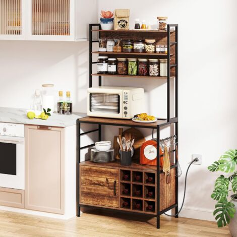 GOPLUS Buffet de Cuisine H.170CM avec Station de Chargement,Crochets,Porte-Bouteilles de Vin,Support pour Micro-ondes-Marron