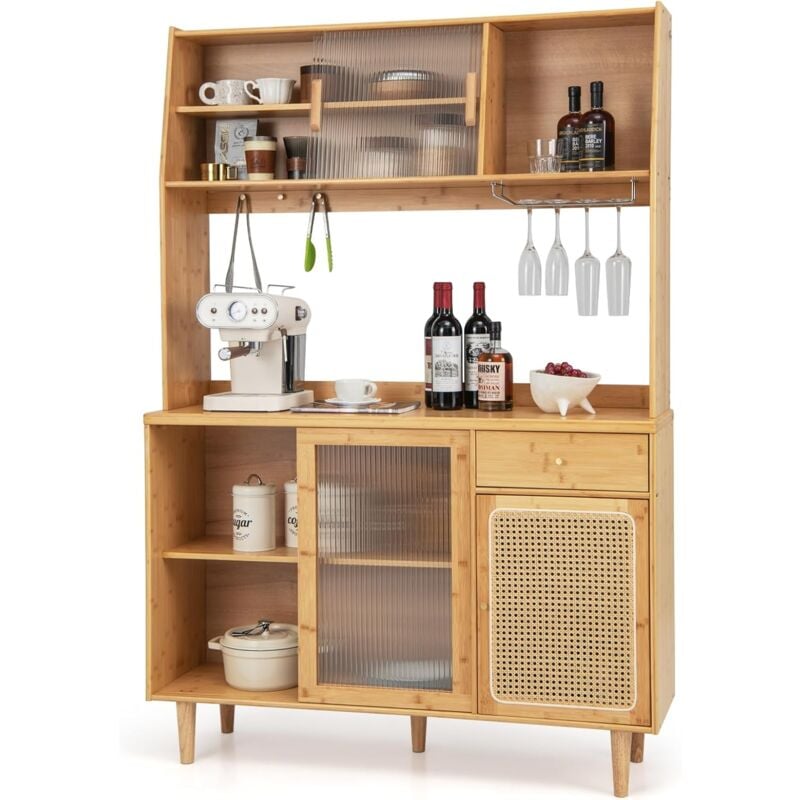 Buffet de Cuisine Haut en Bambou, Meuble de Rangement pour Bar à Vin avec Poignée, Porte Coulissante en Verre & Rotin, Crochets, Casier et Tiroir,