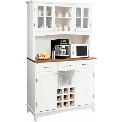 Goplus – Buffet haut blanc avec huche – 3 tiroirs – 9 compartiments à vin – Étagères réglables – Dimensions 112x43x184cm – Construction en MDF durable