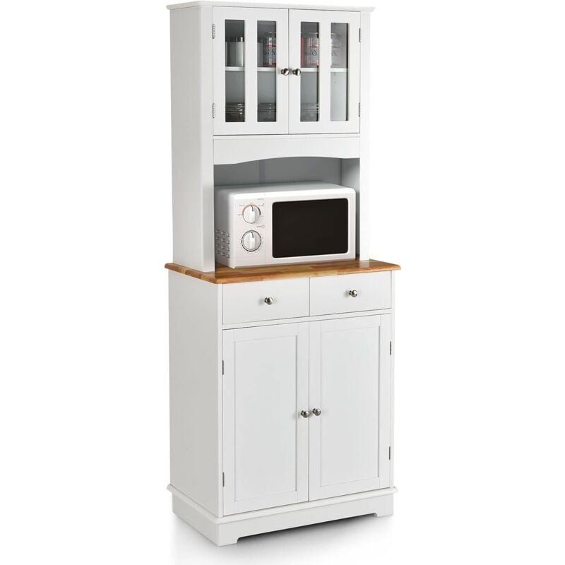 Buffet Haut Cuisine 170cm avec Espace Ouvert-Porte en Verre Trempé-Comptoir Bois d'hévéa-Étagères Réglables Blanc - Goplus