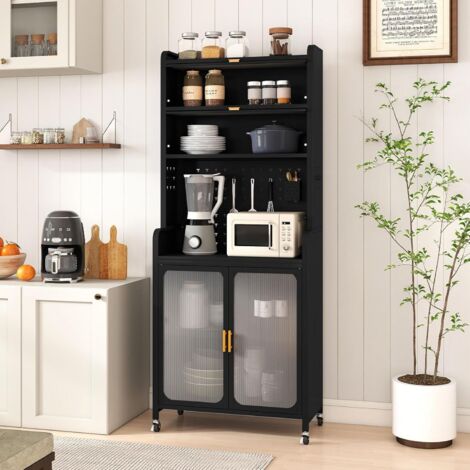 GOPLUS Buffet Haut Salle a Manger à 6 Niveaux avec roulettes, Bahut Haut Cuisine pour Micro-Ondes,Cadre Métal, Étagères Ajustables et Portes Cannelées-Meuble Rangement Idéal pour Salon, 79X37X192 CM