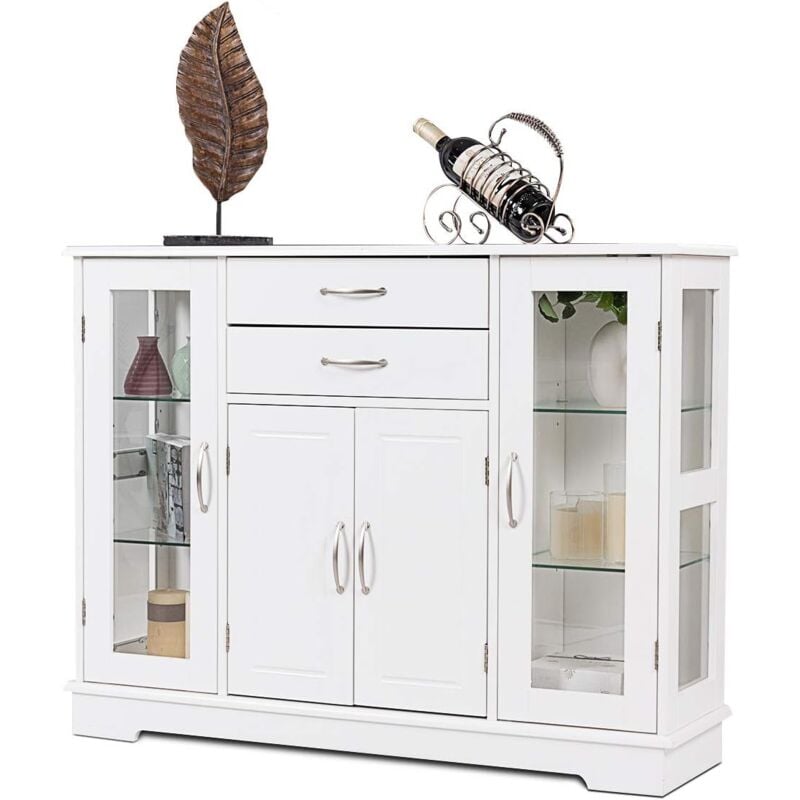 Goplus - Buffet Placard de Cuisine,Meuble de Cuisine,Cabinet de Stockage, Buffet avec Portes et Etagères, avec Vitres en Verre, pour Salle à Manger,