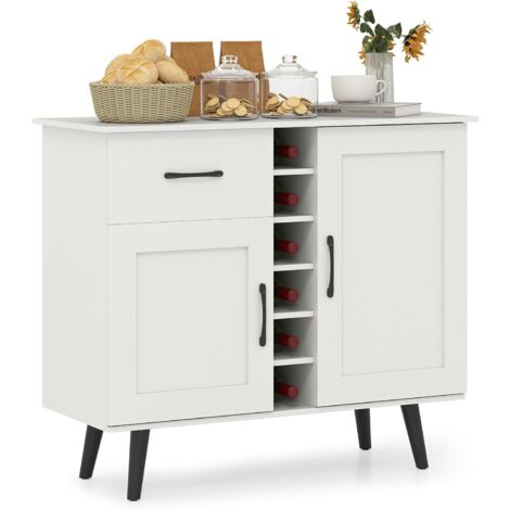 Goplus – Buffet salle à manger avec casier à vin – Rangement pour 6 bouteilles – Plateau large 90x40cm – Tiroirs spacieux – Étagères ajustables