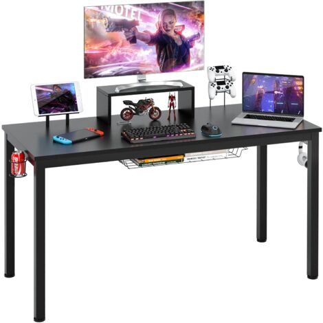 GOPLUS Bureau avec Rangemnet, Bureau d’Ordinateur avec Support de Moniteur, Crochet pour Casque, Porte-Gobelet, Bureau Informatique et Poste de Travail avec Patins Réglables, 140x60x90 cm