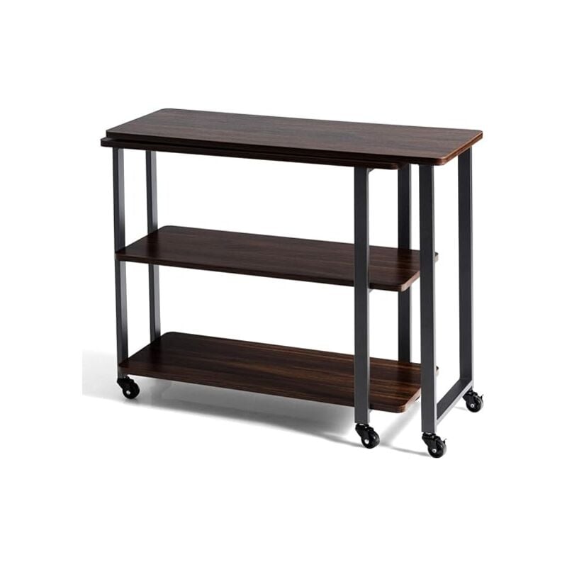 Goplus - Bureau d'Angle en l Pivotant 0°-270°, Bureau d'Angle sur Roulettes, 4 Étagères et Structure Métallique, Brun Foncé