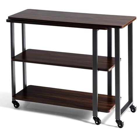 GOPLUS Bureau d'Angle en L Pivotant 0°-270°, Bureau d'Angle sur Roulettes, 4 Étagères et Structure Métallique, Brun Foncé