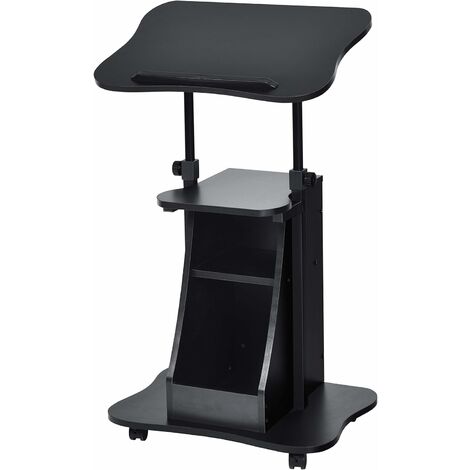 Goplus – Bureau debout moderne pour ordinateur – Hauteur et angle réglables – Cadre en bois multicouche noir – Table chariot avec roulettes
