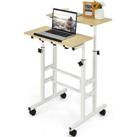 GOPLUS Bureau d'Ordinateur Assis-Debout Reglable en Hauteur 2 en 1, Poste de Travail a roulettes Verrouillables Portable Reglable 60x60x72-123cm (Naturel)