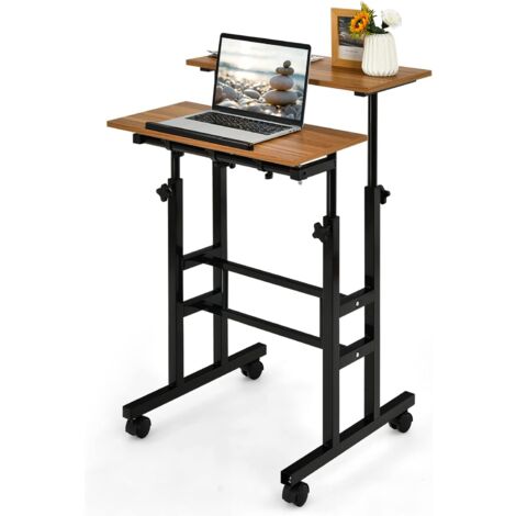 GOPLUS Bureau d'Ordinateur Assis-Debout Reglable en Hauteur 2 en 1, Poste de Travail a roulettes Verrouillables Portable Reglable 60x60x72-123cm (Noyer)