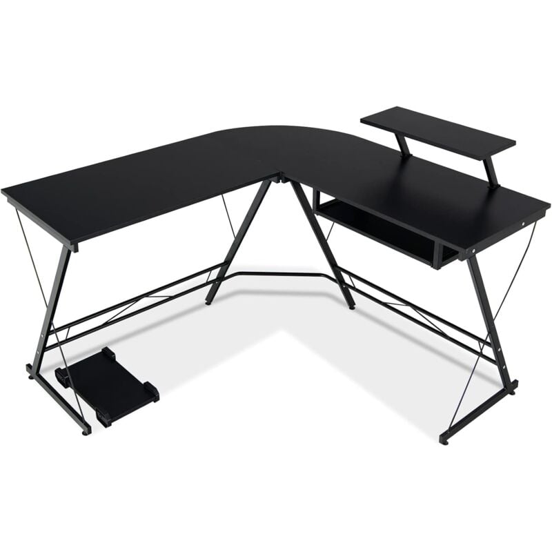 Goplus - Bureau d'Ordinateur en Forme de l, Poste de Travail d'angle avec étagère Amovible, Plateau pour Clavier Coulissant, Support Hôte Mobile,