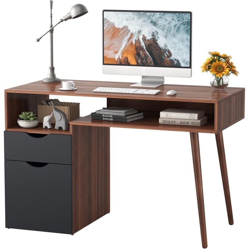 Goplus - Bureau d'ordinateur pour Bureau à Domicile, Bureau d'ordinateur Polyvalent avec tiroirs et Placard, Aspect Attrayant, 2 Pieds évasés