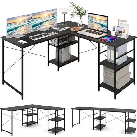 GOPLUS Bureau en Forme de L en Bois avec Étagères de Rangement, Bureau d'Ordinateur de Jeu, Poste de Travail à Domicile, Noir