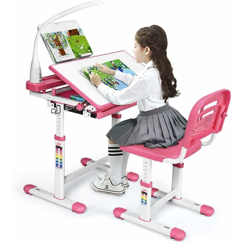 Goplus - Bureau Enfant avec Chaise Hauteurs Réglables, Angle de Bureau Réglable 0°-40°, Lampe de Direction Ajustable, Support de Livres, Tiroir de