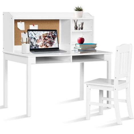 GOPLUS Bureau Enfant Fille Garcon, Table Chaise Enfant avec Étagères de Rangement, Tiroirs, Tableau en Liège, Table d'Étude et Chaise en Bois pour Chambre, Ecole (Blanc)