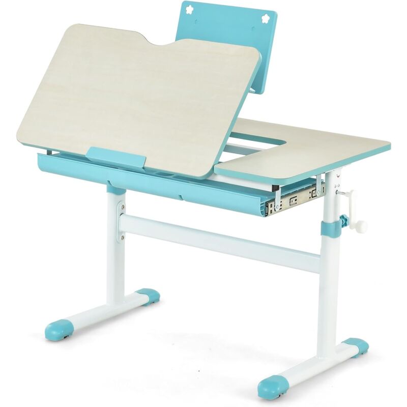 Bureau Enfants Charge 80KG-Table Réglable en Hauteur-Plateau Inclinable & Support de Livre & Tiroir-Poste de Travail Bleu - Goplus