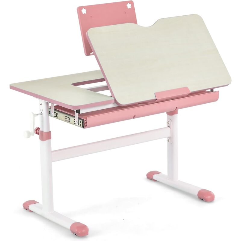 Bureau Enfants Charge 80KG-Table Réglable en Hauteur-Plateau Inclinable & Support de Livre & Tiroir-Poste de Travail Rose - Goplus