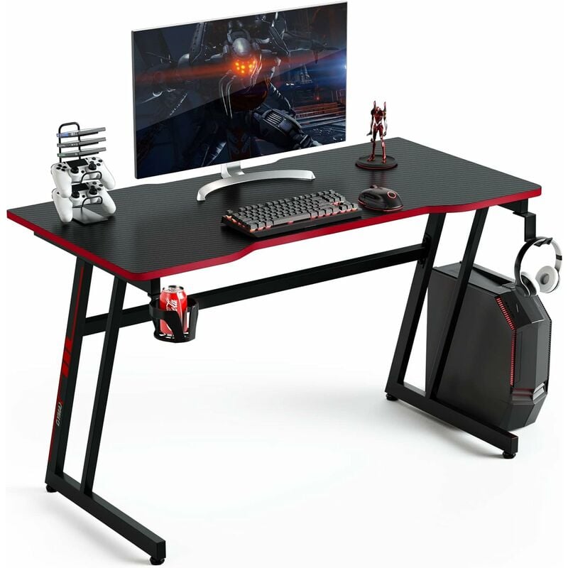 Bureau Gamer en Forme z -120X60X73CM - Pieds Réglables-Table de Jeu avec Porte-gobelet et Crochet pour Casque- Support pour Manette et Surface en