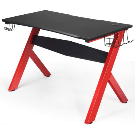 Goplus – Bureau gaming 115 x 60 cm – Cadre en acier R – 1 porte-gobelet, 2 supports de manette, 1 crochet pour casque – Surface en fibre de carbone PVC