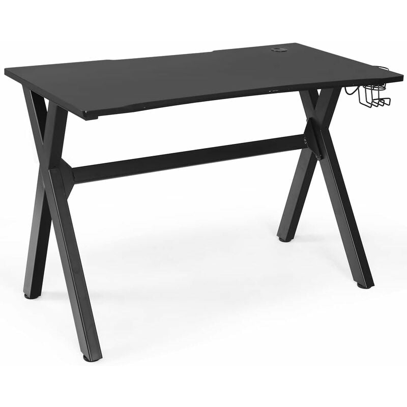 Bureau Gaming en Forme de x avec Pieds Réglables, Table de Jeu avec Porte-gobelet et Crochet pour Casque, Bureau de Jeu avec Trou de Câble et Support