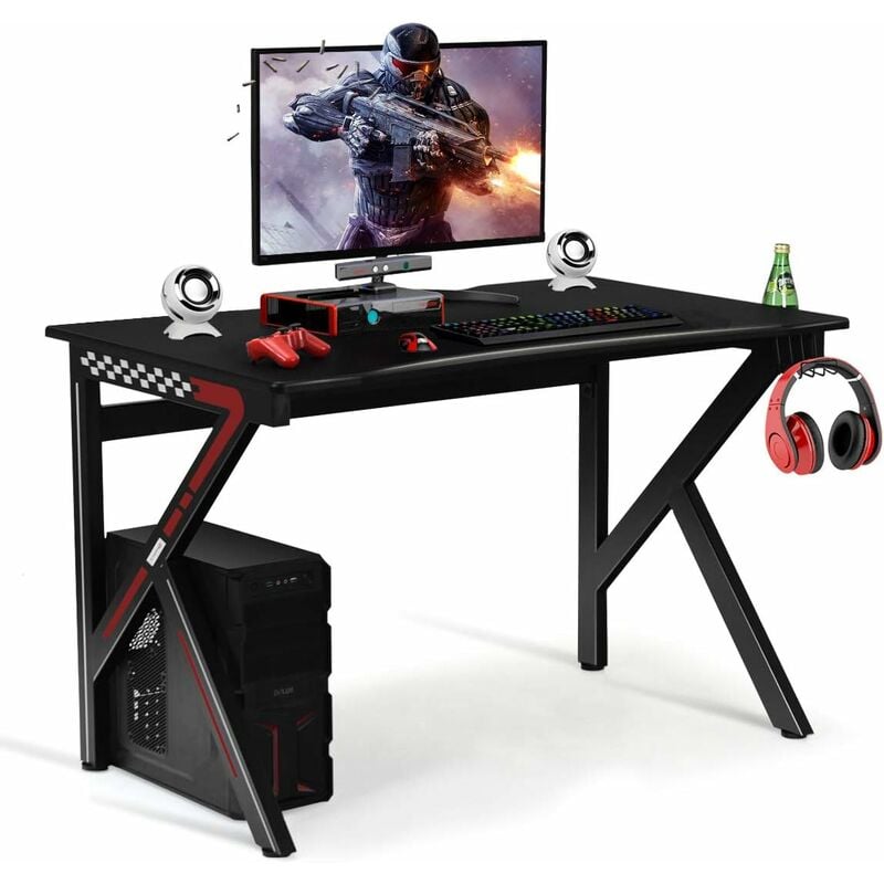 Goplus - Bureau Gaming,Bureau de Jeu,Bureau Gamer, Bureau d'Ordinateur,Bureau Gaming Table de Jeu pour Gamer,avec Porte-Gobelet d'eau et Support de
